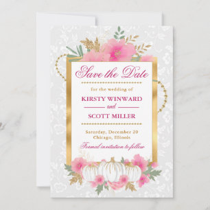 Watercolor Fall Pink & Gold Floral Pumpkin Wedding Save The Date