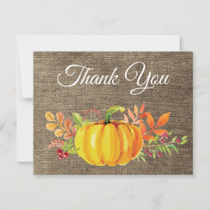 Watercolor Fall Pumpkin Burlap Thank You card