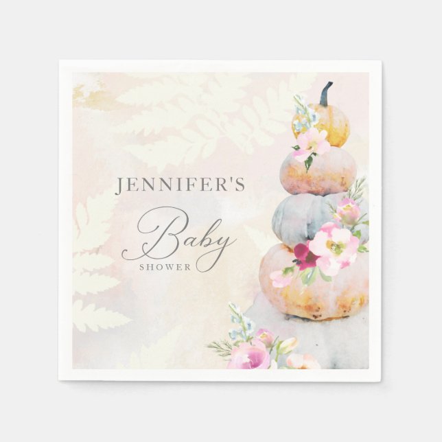 Watercolor Fall Pumpkin Girl Baby Shower Paper Pla Napkin (Front)