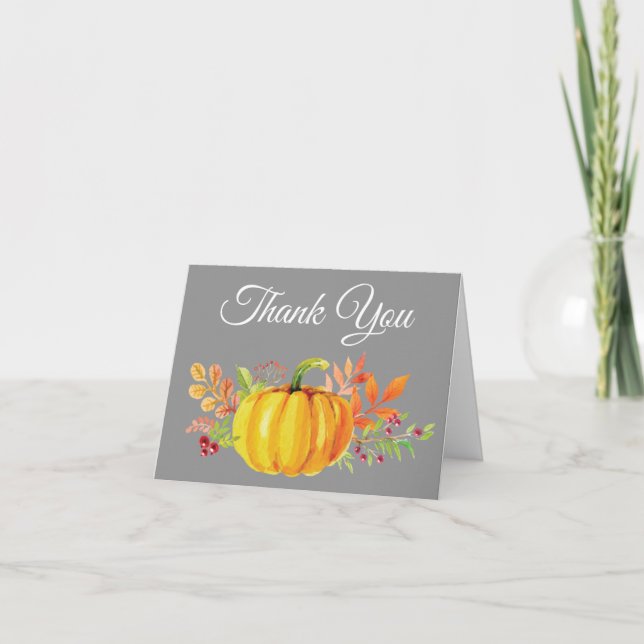 Watercolor Fall Pumpkin Grey Thank You card (Front)