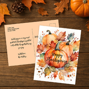 Watercolor Fall Pumpkin Harvest Thanksgiving Postcard