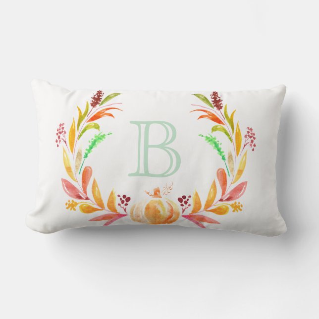 Watercolor Fall Pumpkin & Laurels Initial Letter Lumbar Cushion (Front)
