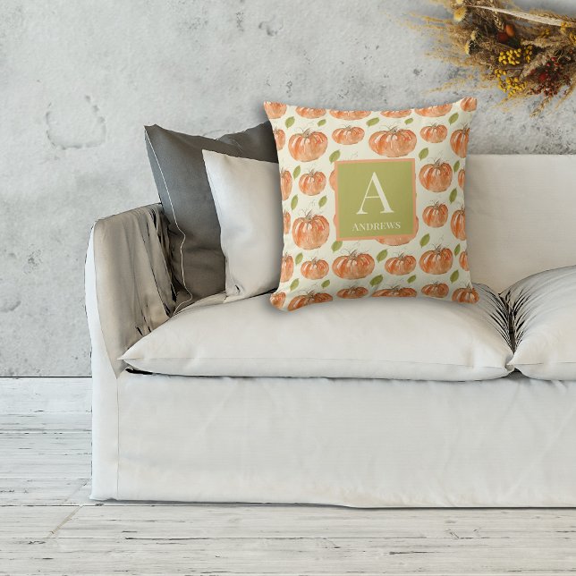 Watercolor Fall Pumpkin Patch Monogram Cushion (Creator Uploaded)