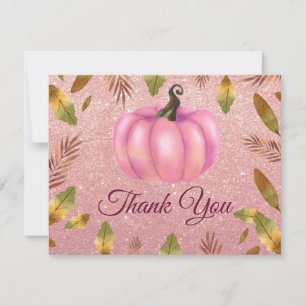 Watercolor Fall Pumpkin Rose Gold Glitter Pink Thank You Card