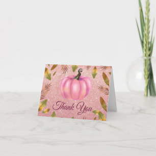 Watercolor Fall Pumpkin Rose Gold Glitter Pink Thank You Card
