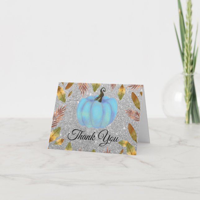 Watercolor Fall Pumpkin Silver Glitter Blue Thank You Card (Front)