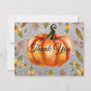 Watercolor Fall Pumpkin Silver Glitter Orange Thank You Card