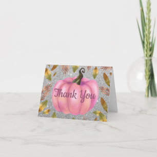 Watercolor Fall Pumpkin Silver Glitter Pink Thank You Card