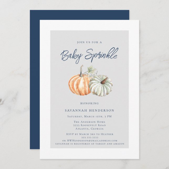 Watercolor Fall Pumpkin Sprinkle Baby Shower Invitation (Front/Back)