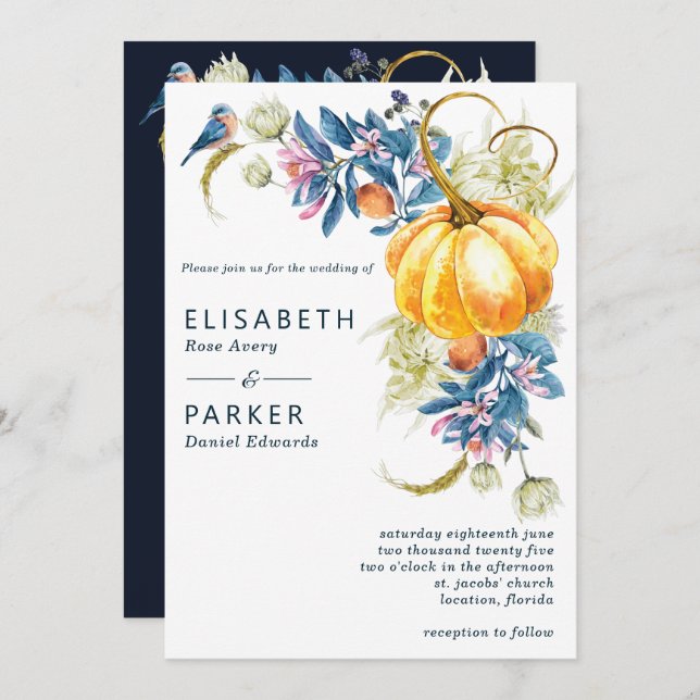 Watercolor Fall Pumpkin Wedding Invitation (Front/Back)