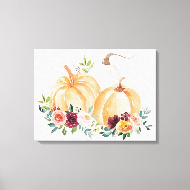 Watercolor Fall Pumpkins and Boho Flowers Canvas Print (Front)