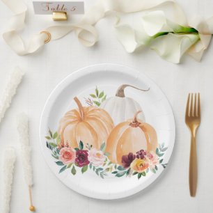 Watercolor Fall Pumpkins and Boho Flowers Paper Plate
