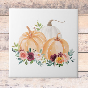 Watercolor Fall Pumpkins Boho Flowers Tile