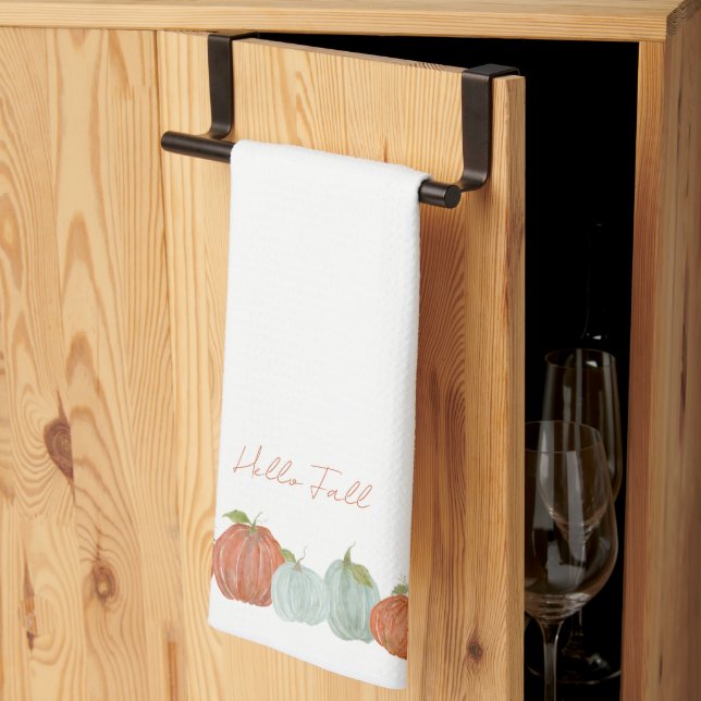 Watercolor Fall Pumpkins "Hello Fall" Tea Towel (Thirds Fold)