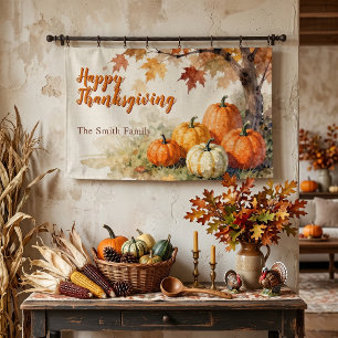 Watercolor Fall Pumpkins Leaves Thanksgiving Banner
