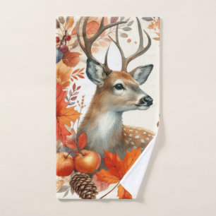 Watercolor Fall Season Orange Leaves and Deer Hand Towel
