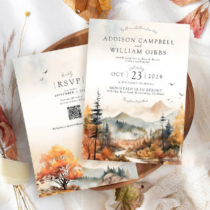 Watercolor Fall Tree Mountain Scene Simple Wedding Invitation