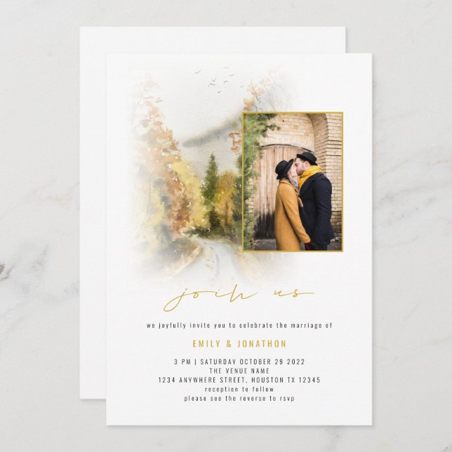 Watercolor Fall Trees Photo QR Join Us Wedding Invitation (Front/Back)