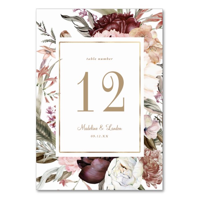 Watercolor Fall Wildflower Gold Wedding Table Number (Front)
