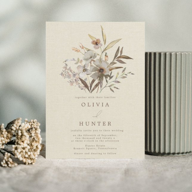 Watercolor Fall Wildflowers Faux Linen Wedding Invitation (Creator Uploaded)