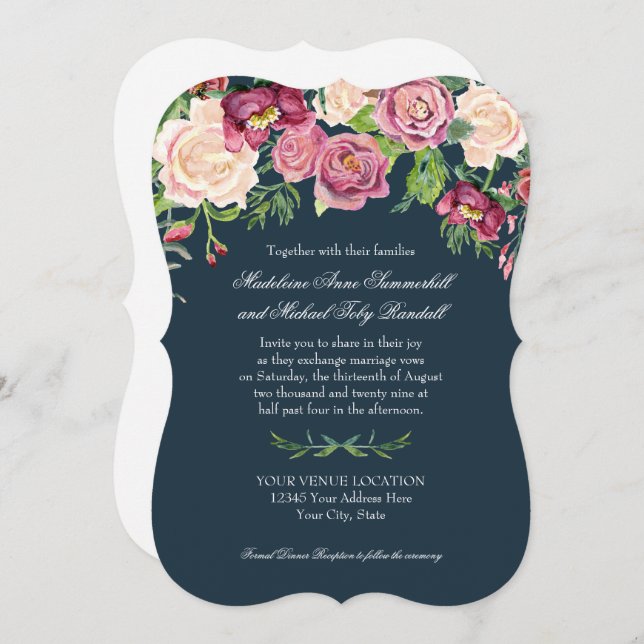 Watercolor Fall Winter Navy Burgundy Floral Rose Invitation (Front/Back)