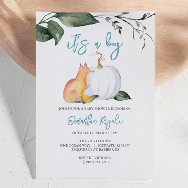 Watercolor Fall Woodland Baby Boy Shower Invitation (Autumn-themed baby shower invites woodland fox and white pumpkin boy Design by Victoria Grigaliunas)