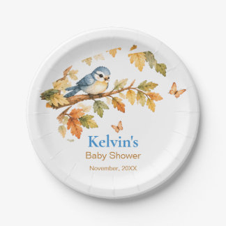 Watercolor Fall Woodland Bird & Autumn Leaves Paper Plate