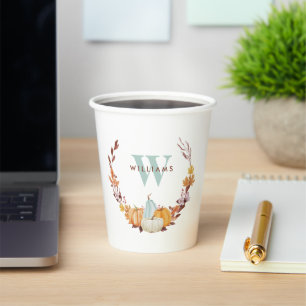 Watercolor Fall Wreath Monogrammed Paper Cups