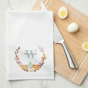 Watercolor Fall Wreath Monogrammed Tea Towel