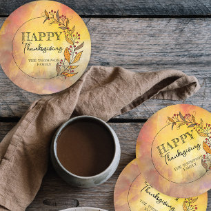 Watercolor Fall Wreath Thanksgiving Dinner Round Paper Coaster