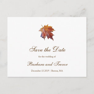 Watercolor Falling Leaf Fall Wedding Save the Date Announcement Postcard