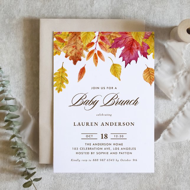 Watercolor Falling Leaves Autumn Baby Brunch Invitation (Creator Uploaded)