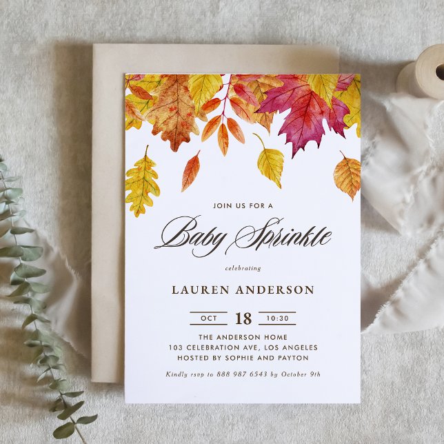 Watercolor Falling Leaves Autumn Baby Sprinkle Invitation (Creator Uploaded)