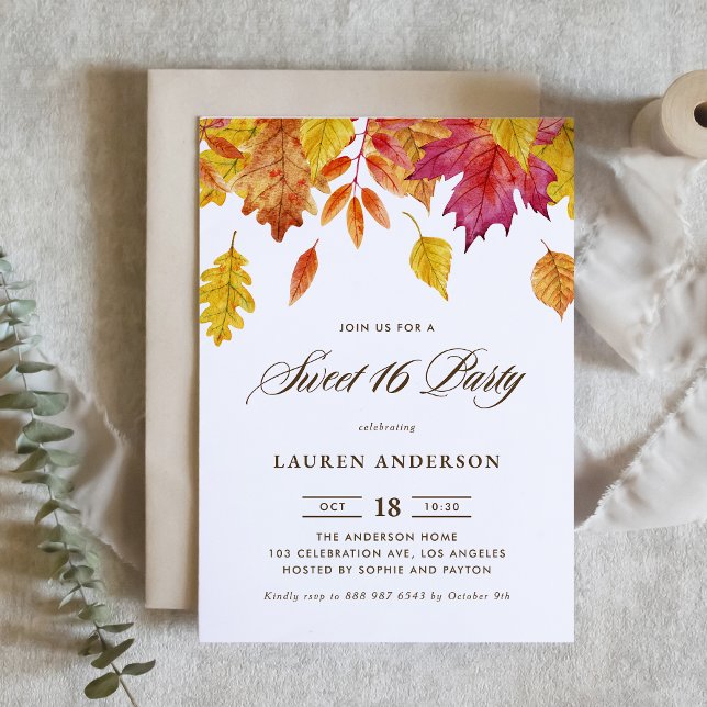 Watercolor Falling Leaves Autumn Sweet 16 Party Invitation (Creator Uploaded)