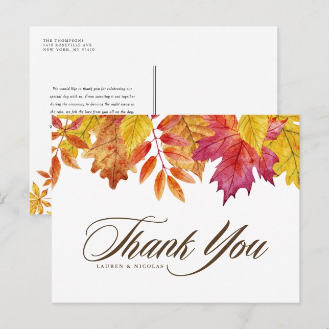 Watercolor Falling Leaves Fall Wedding Thank You Postcard (Front/Back)