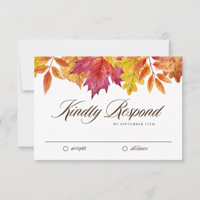Watercolor Falling Leaves Garland Autumn Wedding RSVP Card (Front)