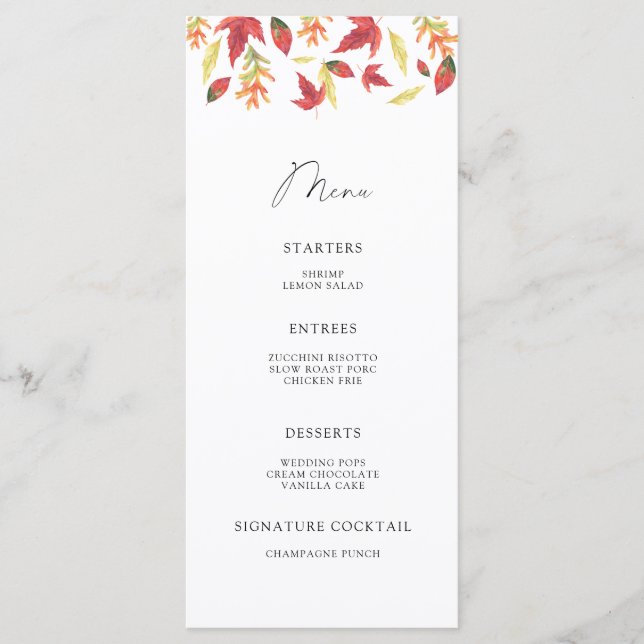 Watercolor falling leaves minimalist menu (Front)