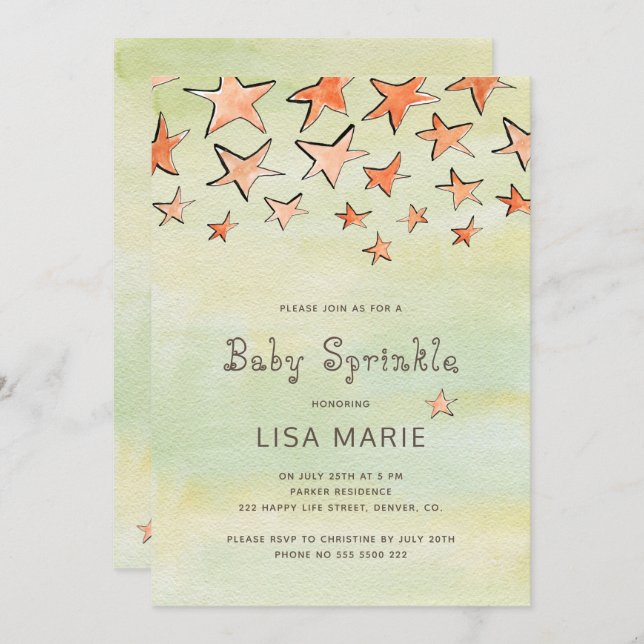Watercolor falling stars ivory baby sprinkle invitation (Front/Back)