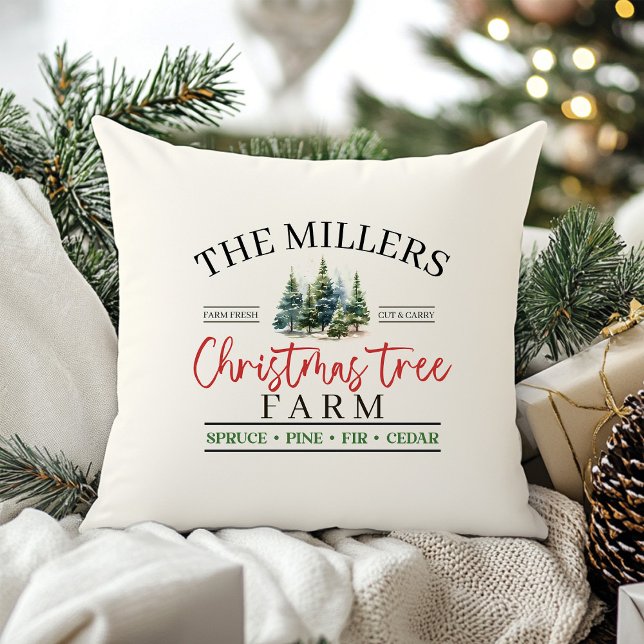 Watercolor Family Name Christmas Tree Farm  Cushion (Watercolor Family Name Christmas Tree Farm Throw Pillow)