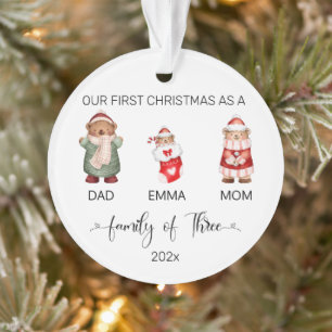 Watercolor Family of Three Baby's First Christmas Ornament