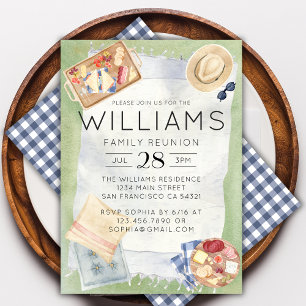 Watercolor Family Reunion Picnic Blue Gingham Invitation