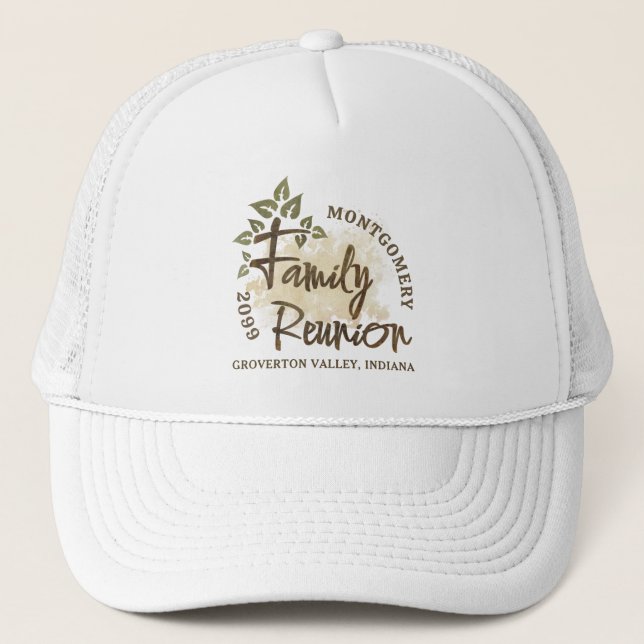 Watercolor Family Reunion Script Tree Name Year Trucker Hat (Front)