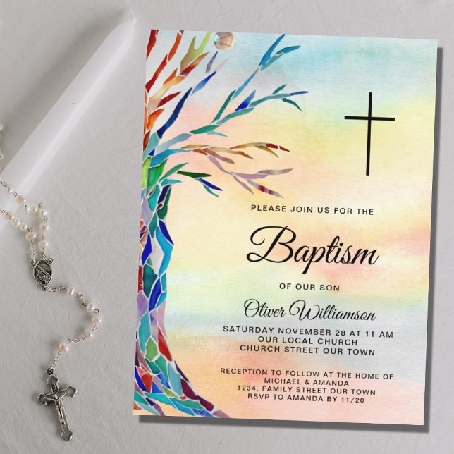 Watercolor Family Tree Baptism Christening Invitation (Creator Uploaded)