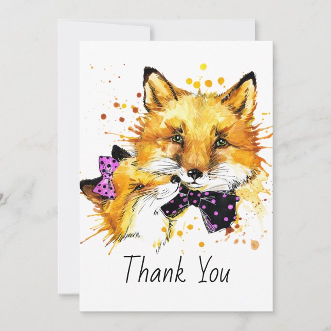 Watercolor Fancy Foxes Thank You Card (Front)