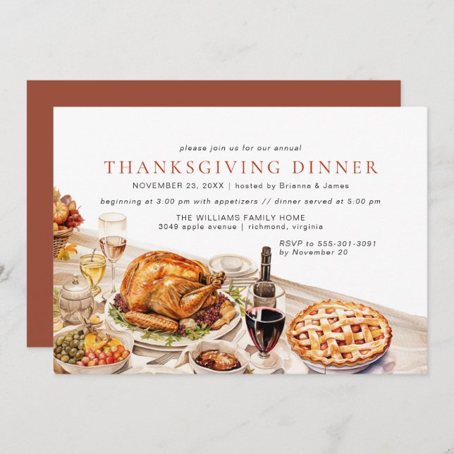 Watercolor Fancy Table Classic Thanksgiving Dinner Invitation (Front/Back)