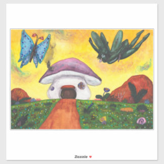 Watercolor Fantasy Fairy Butterfly Mushroom House