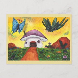 Watercolor Fantasy Fairy Butterfly Mushroom House Holiday Postcard