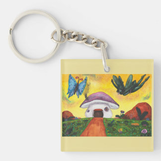 Watercolor Fantasy Fairy Butterfly Mushroom House Key Ring