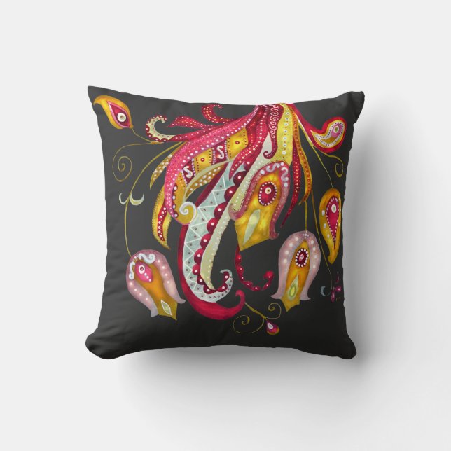 Watercolor Fantasy Firebird Phoenix Feathers Cushion (Front)