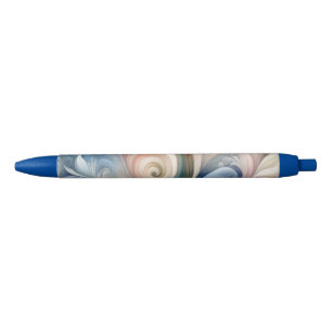 Watercolor Fantasy Floral Pastel Blue & Cream  Black Ink Pen
